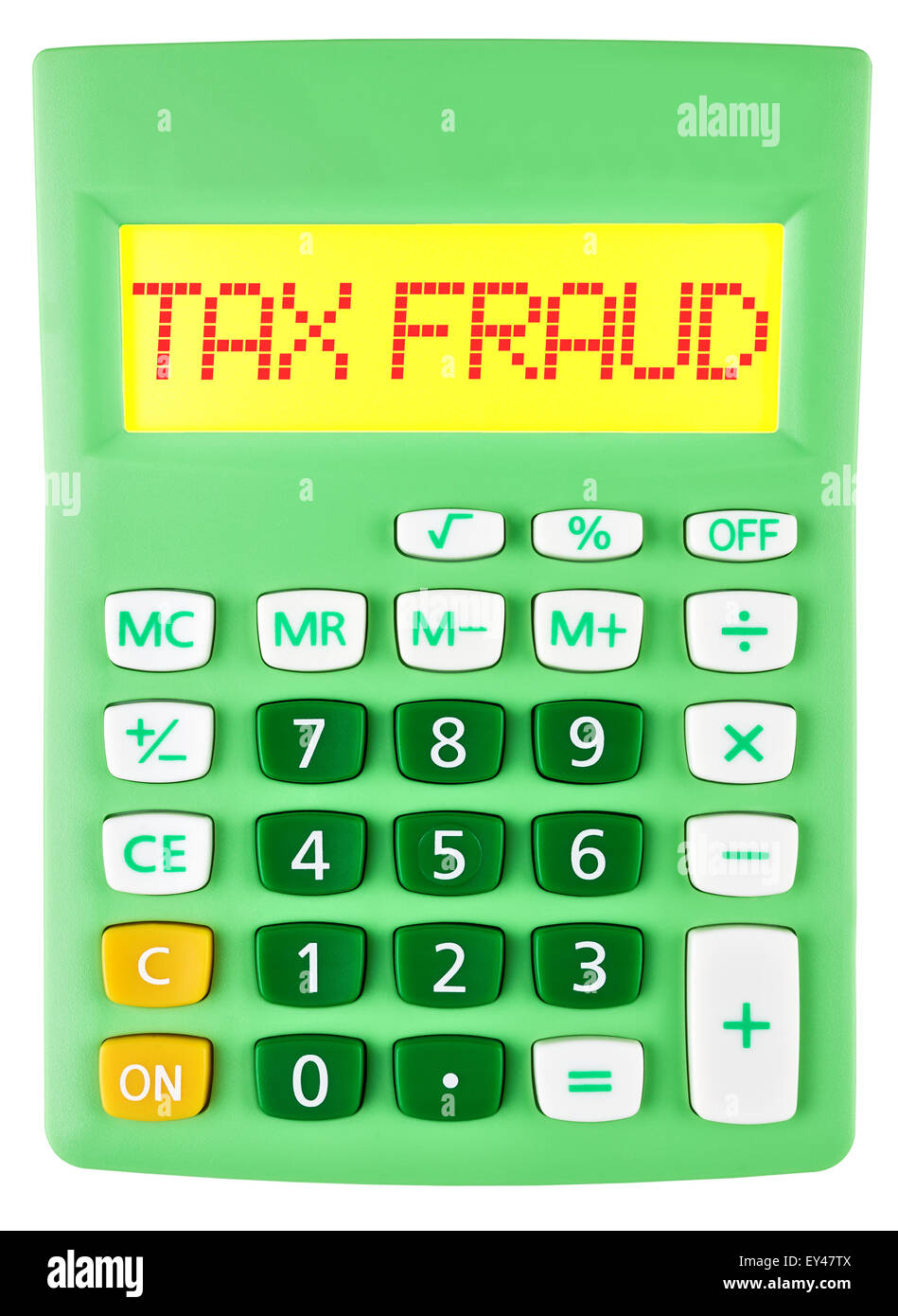 Calculator with TAX FRAUD on display on white background Stock Photo