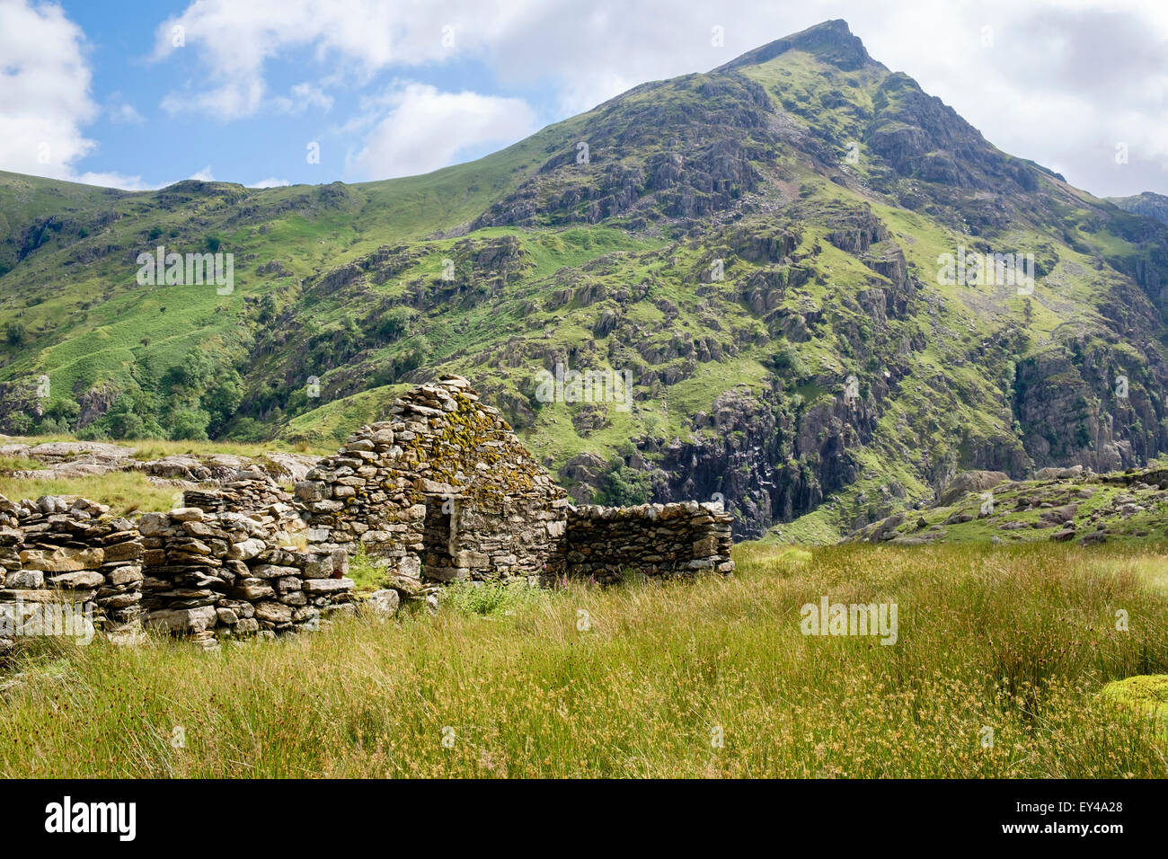 Ruined old farm building in mountains of Snowdonia National Park. Llanberis Pass, Gwynedd, North Wales, UK, Britain Stock Photo