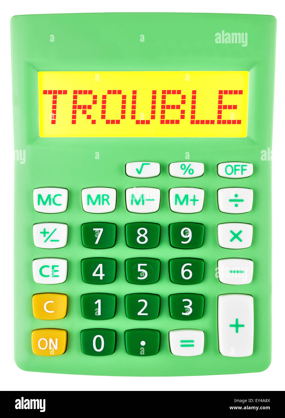 Calculator with TROUBLE on display on white background Stock Photo