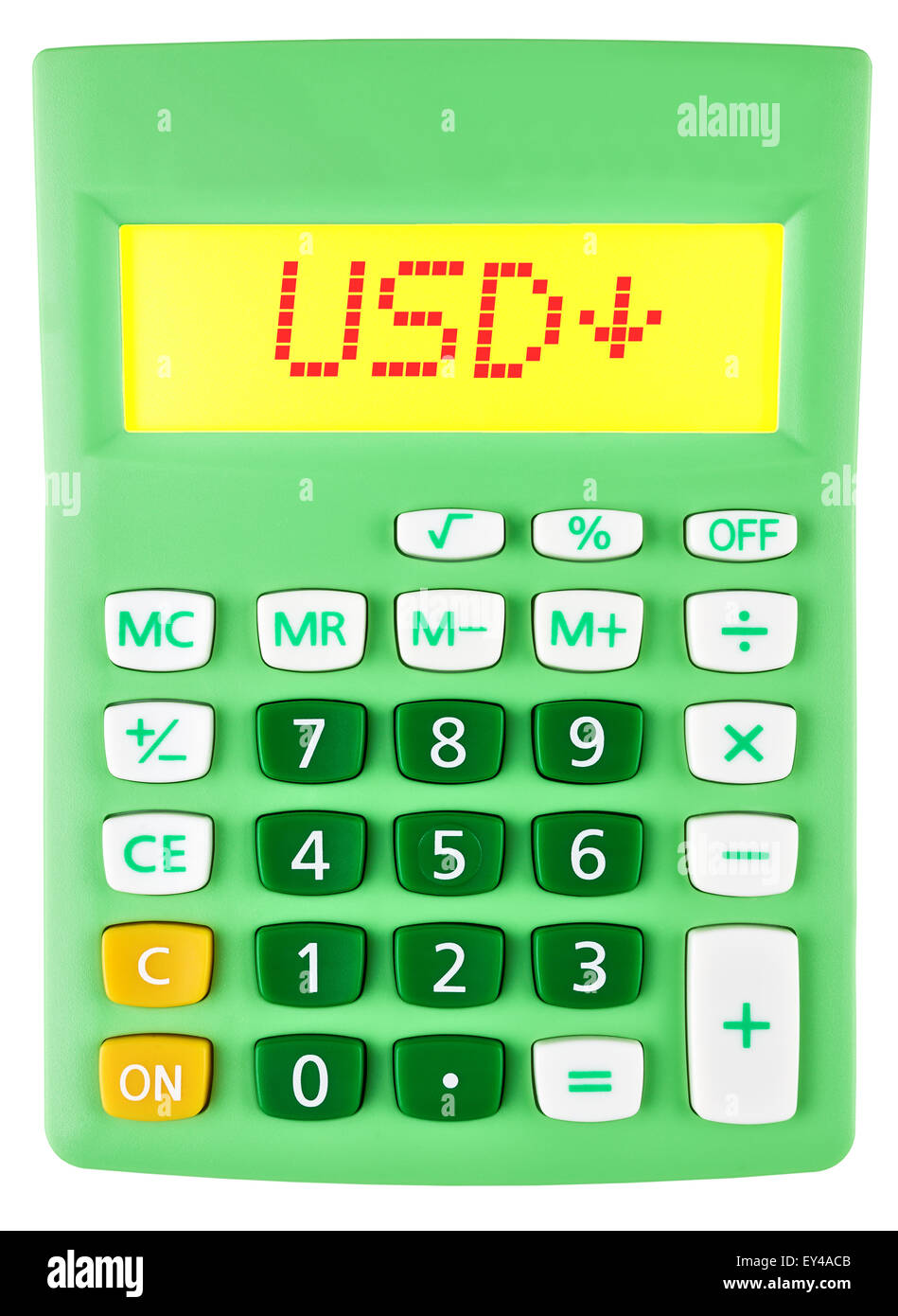 Calculator with USD on display on white background Stock Photo