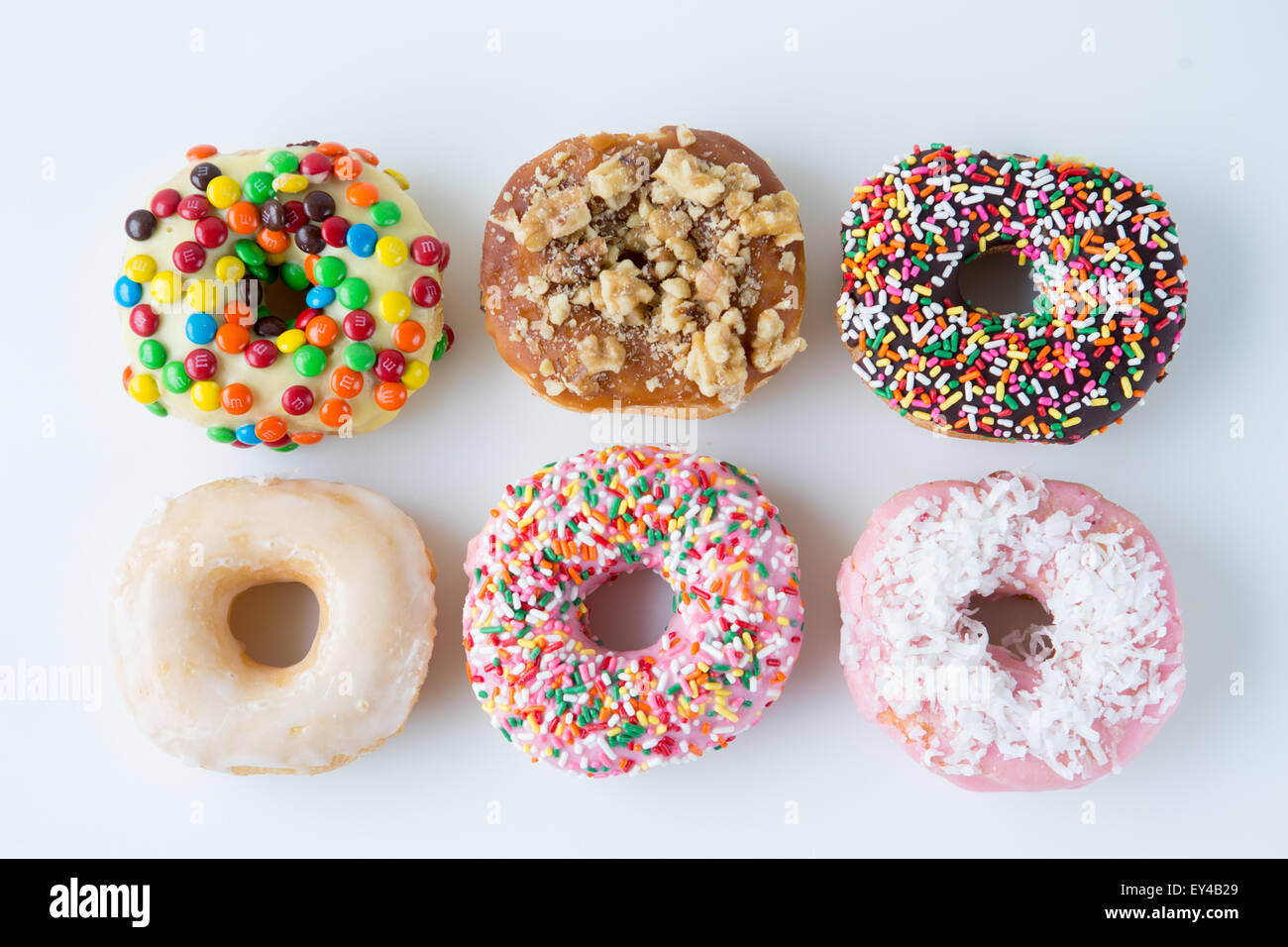 Six Decorated Doughnuts Stock Photo