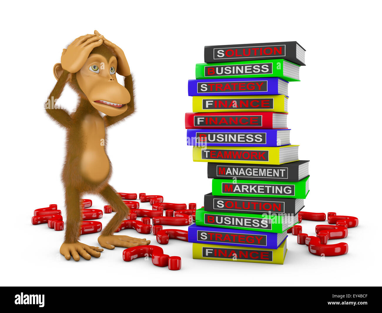 a monkey and a stack of books to study business Stock Photo