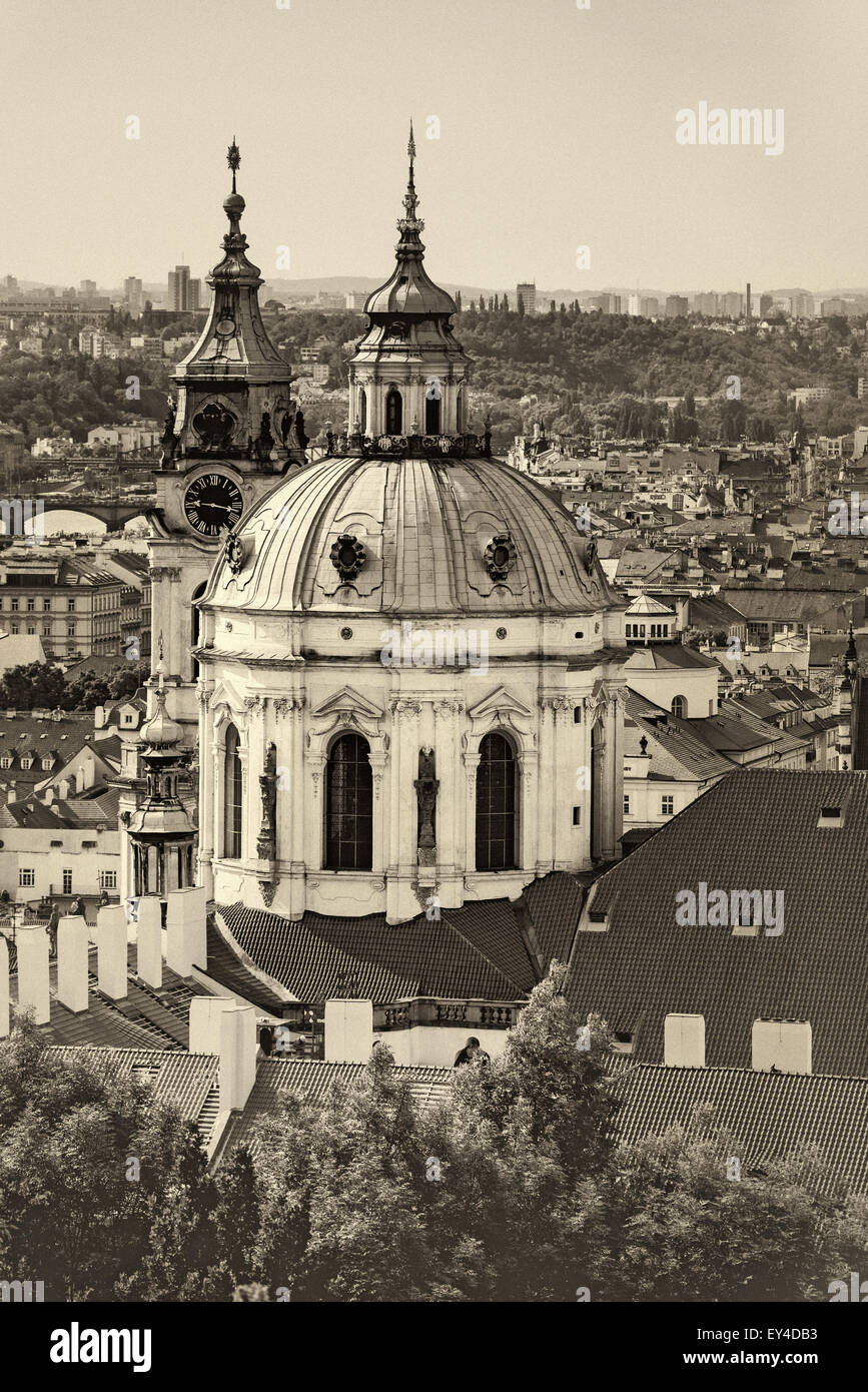 Prague Saint Nicholas Church located on Mala Strana PArt of the Old Town, Sepia Retro Toned Image Stock Photo