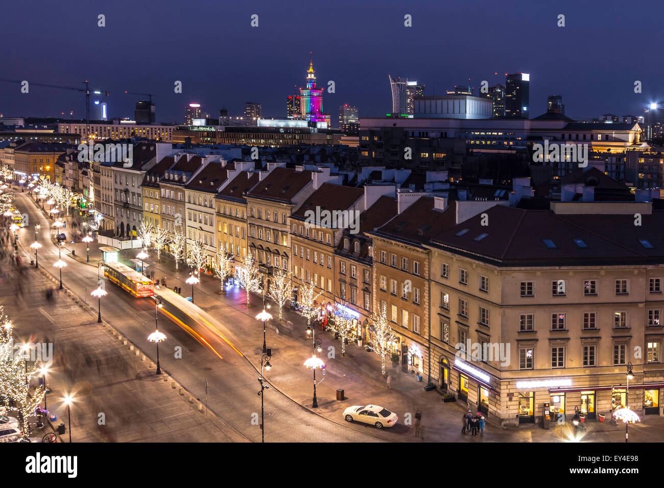 Night panorama of Warsaw, Krakowskie Przedmiescie street Stock Photo