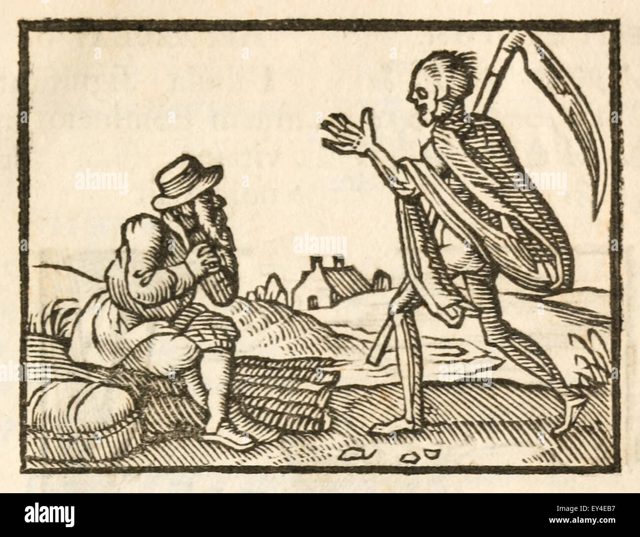 'The Old Man and Death' fable by Aesop (circa 600BC). 17th century woodcut print illustrating Aesop's Fables. An old man that had travelled a great way under a huge Burden of Sticks found himself so weary that he cast it down, and called upon Death to deliver him from a more miserable Life. Death came presently at his call, and asked him his business. Pray, good Sir, says he, Do me but the Favour to help me up with my burden again.' See description for more information. Stock Photo