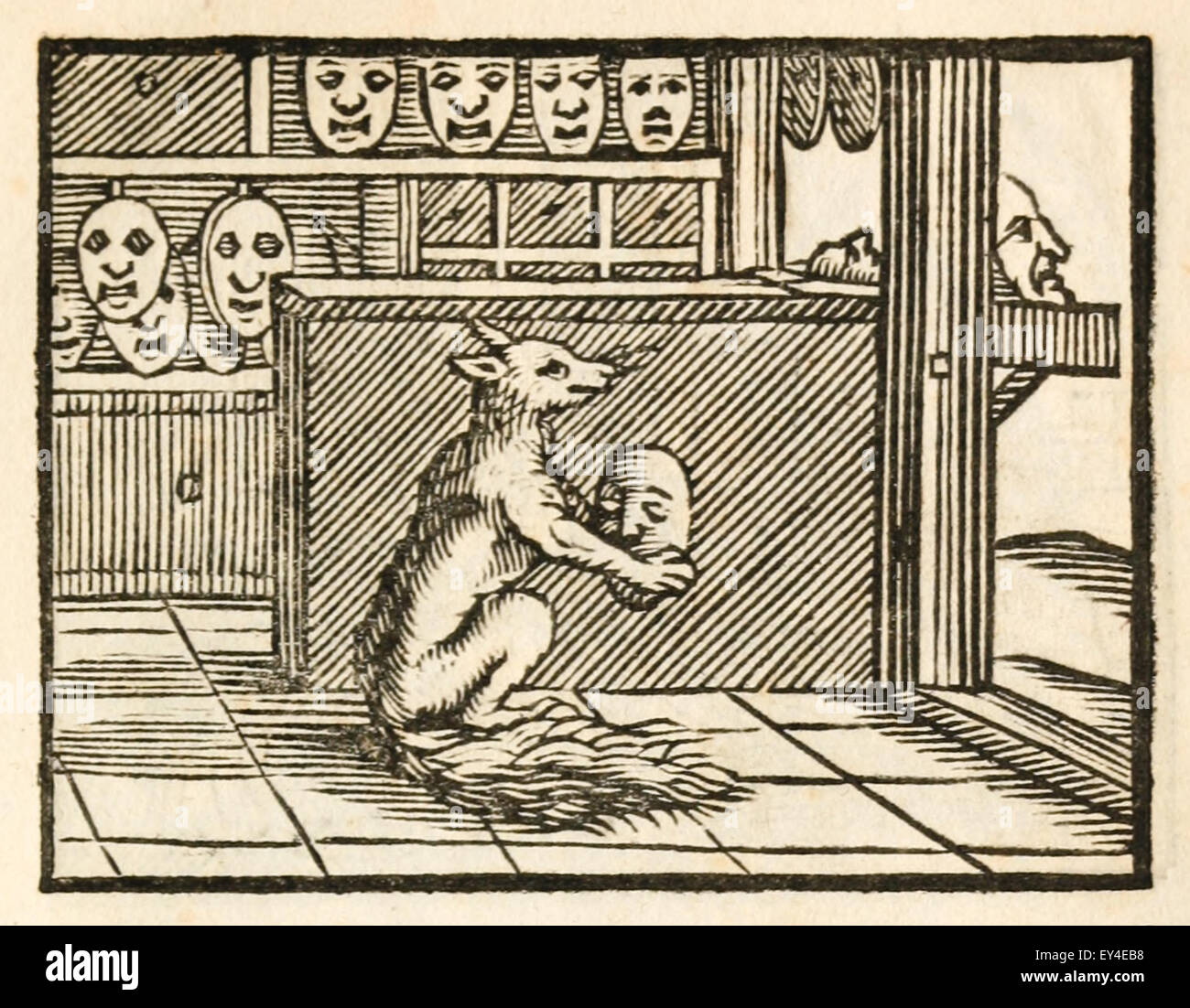 'The Fox and the Mask' fable by Aesop (circa 600BC). A fox comes across a mask anciently used by actors; after an examination, it remarks, 'So full of beauty, so empty of brains!' 17th century woodcut print illustrating Aesop's Fables. See description for more information. Stock Photo