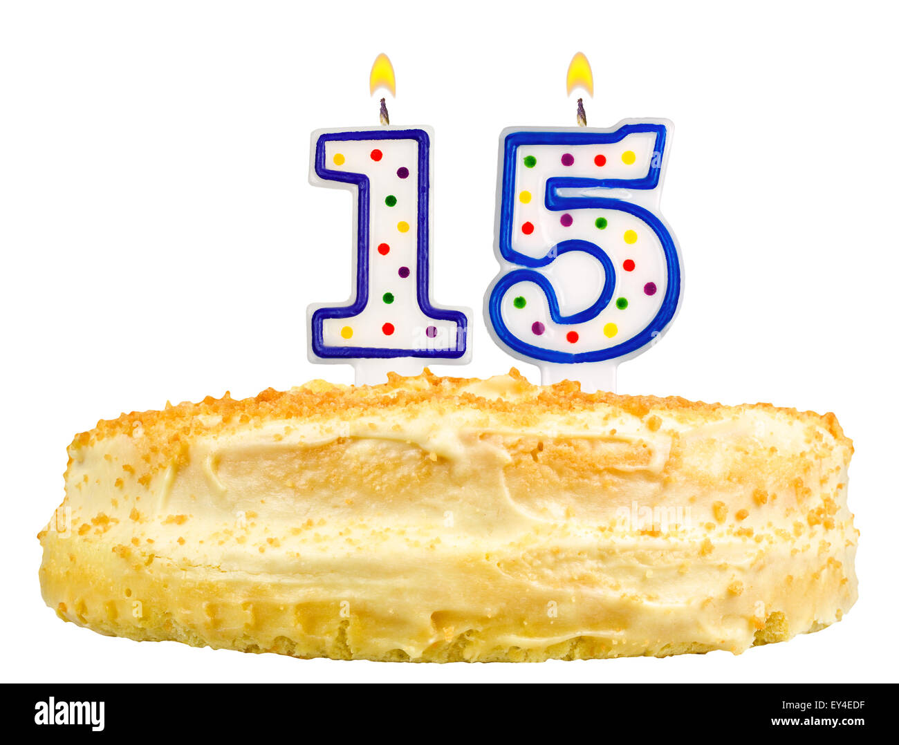 birthday cake with candles number fifteen isolated on white background Stock Photo