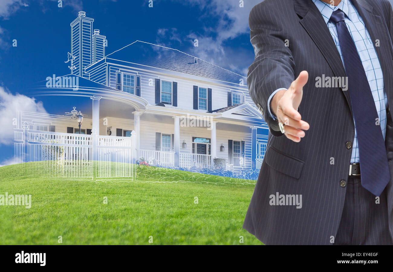 Male Hand Reaching for Handshake with Ghosted House Drawing, Partial Photo and Rolling Green Hills Behind. Stock Photo
