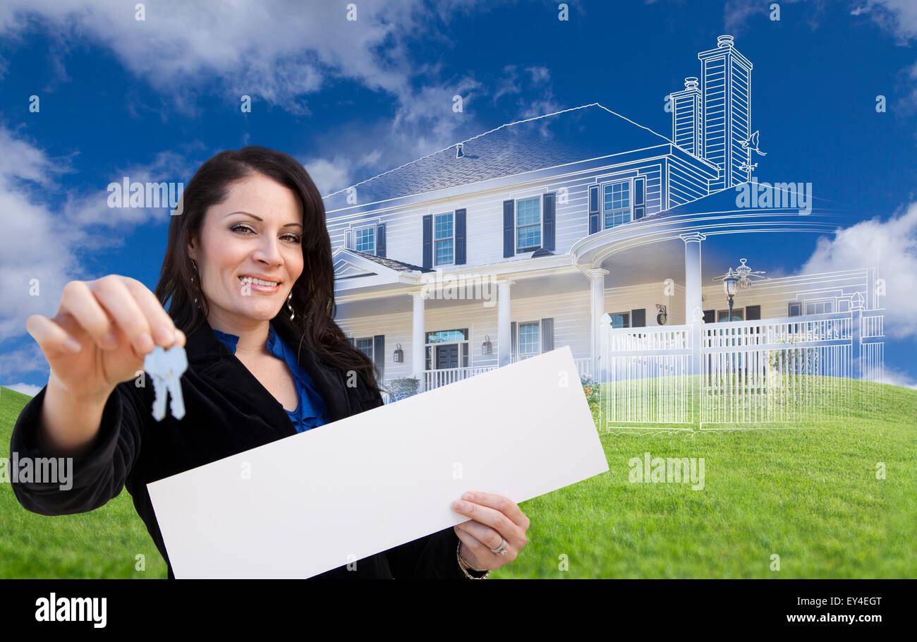 Hispanic Woman Holding Keys and Blank Sign with Ghosted House Drawing ...