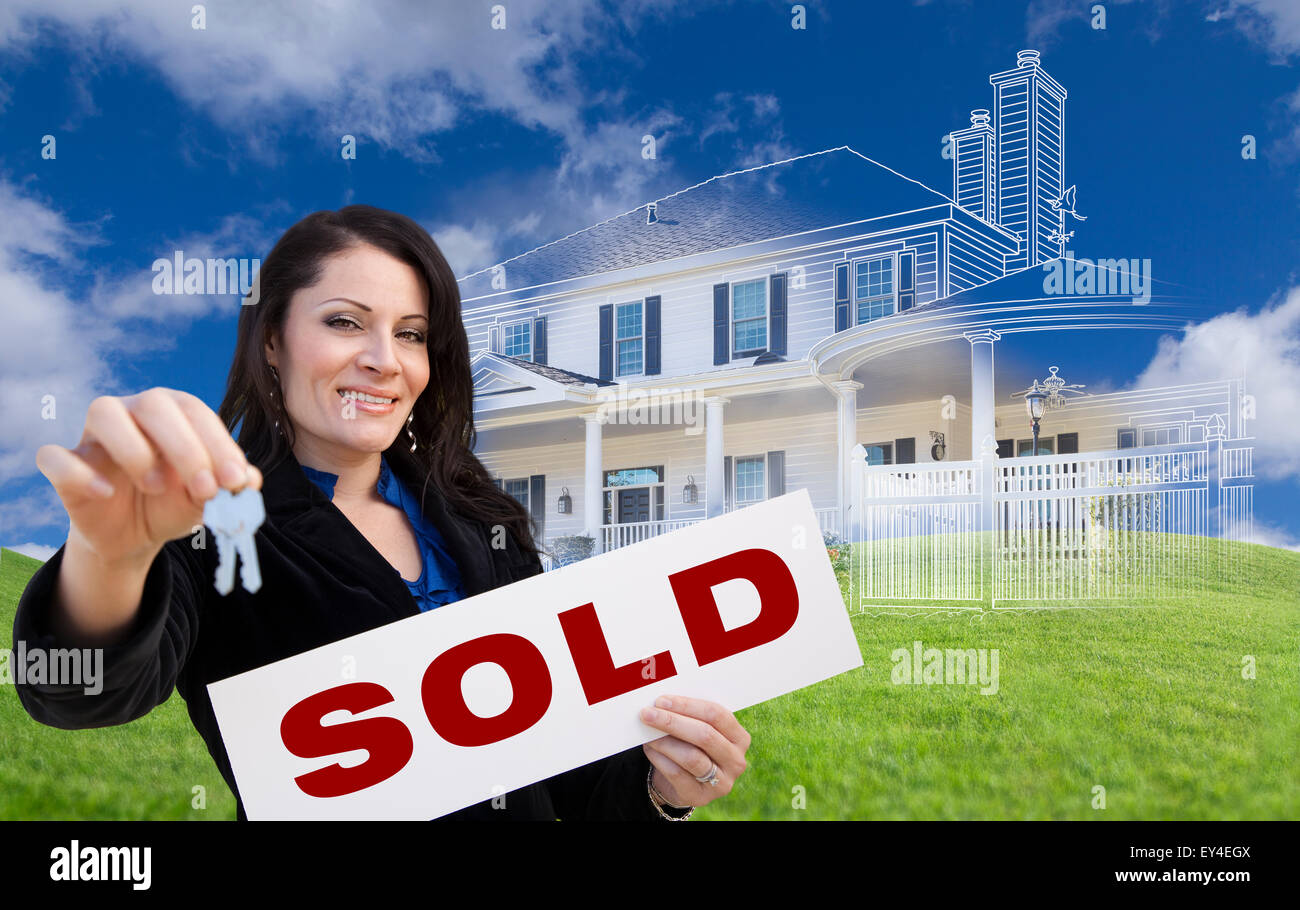 Hispanic Woman Holding Keys and Sold Sign with Ghosted House Drawing ...