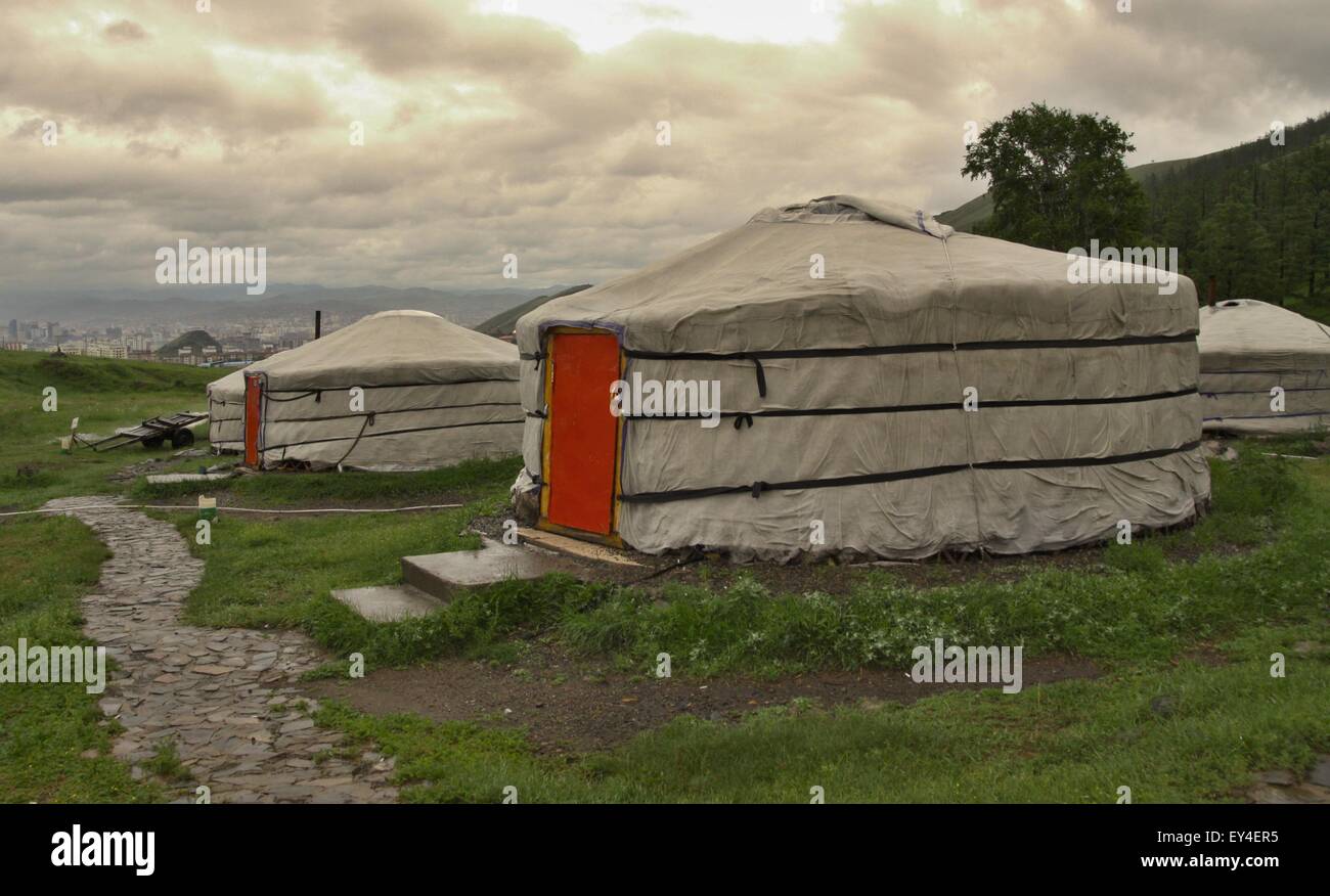 Mongolian Yurts near capital town Ullanbaator in Mongolia Stock Photo