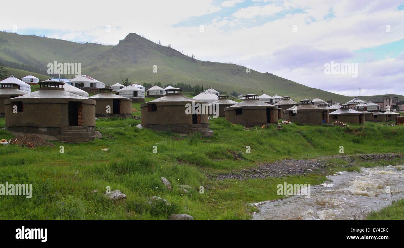 new construction of the jurts near capital town Ullanbaator in Mongolia Stock Photo