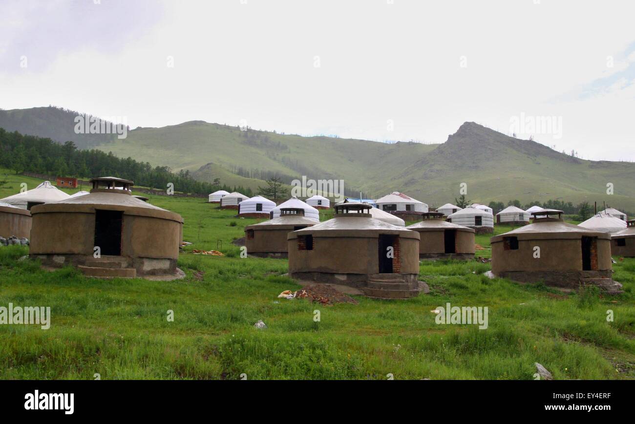 new construction of the jurts near capital town Ullanbaator in Mongolia Stock Photo