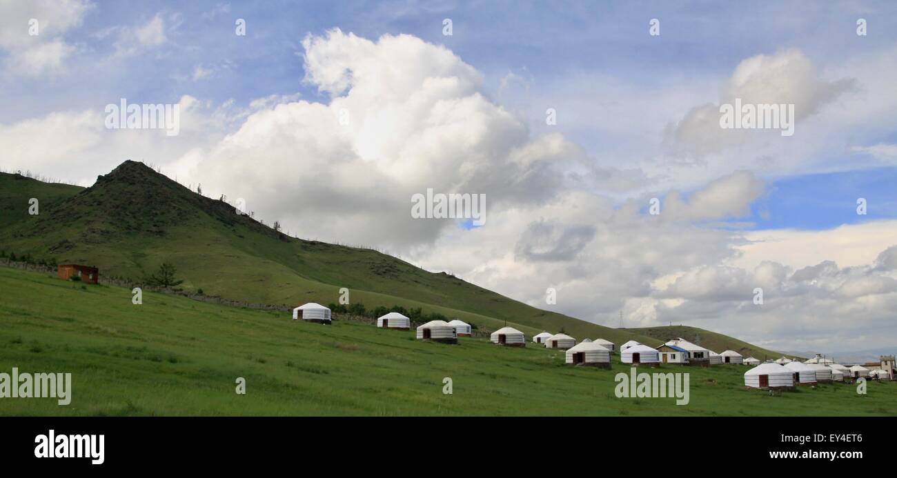 Mongolian Yurts near capital town Ullaanbaator in Mongolia Stock Photo