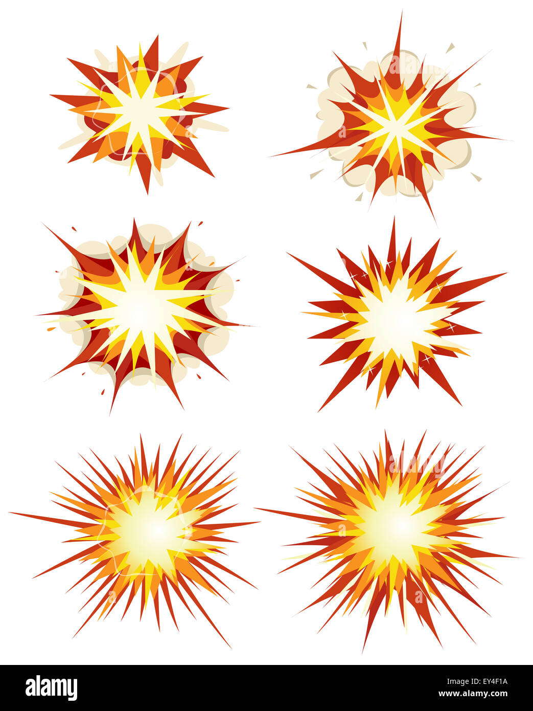 Illustration of a set of comic book explosion, blast and other cartoon fire bomb, star bursting, bang and exploding symbols Stock Photo