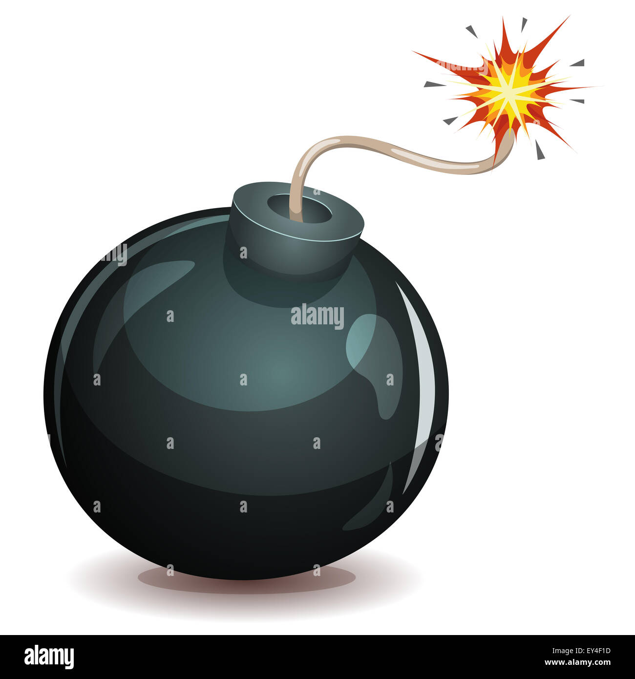 Illustration of a cartoon black bomb icon about to explode with burning wick, isolated on white Stock Photo