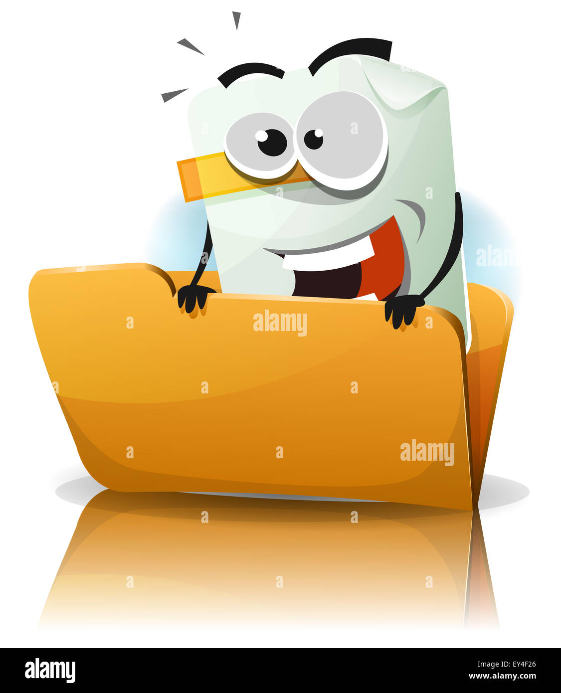 Illustration of a cartoon happy funny file icon character coming from
