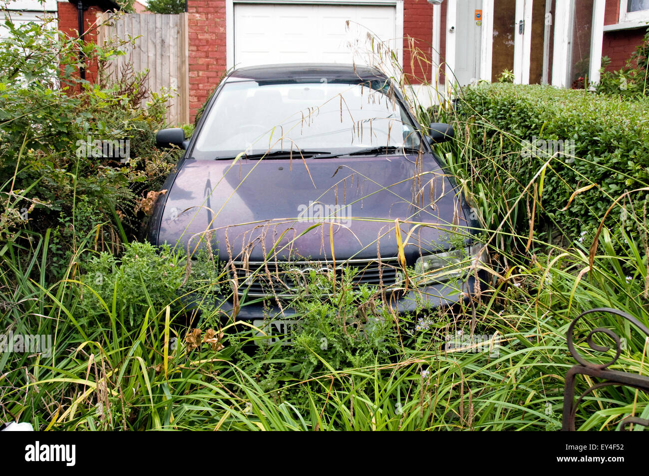 Car on overgrown suburban front drive from which it is unable to drive out, Bounds Green, London Borough of Haringey, England, U Stock Photo