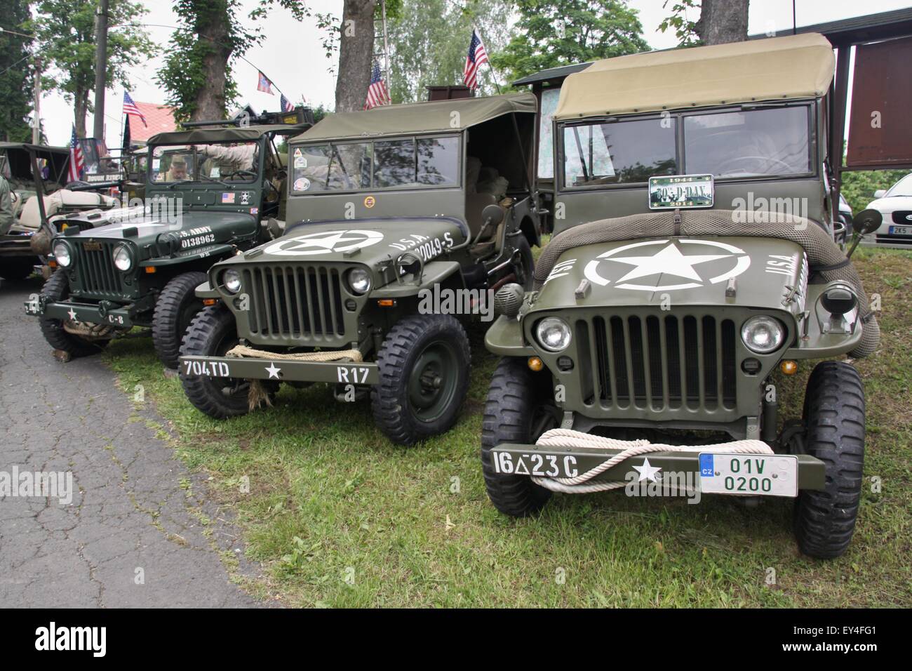 World War II US Army Jeeps on display at vilage near germany border Stock Photo