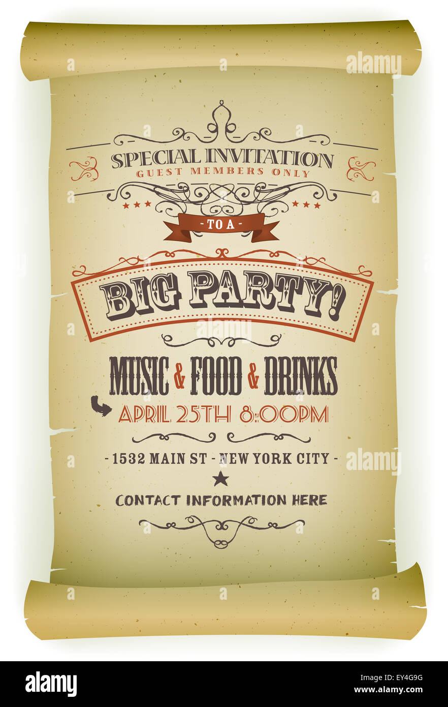 Illustration of a retro vintage parchment scroll with invitation to a big party, contains floral patterns, sketched banners and  Stock Photo