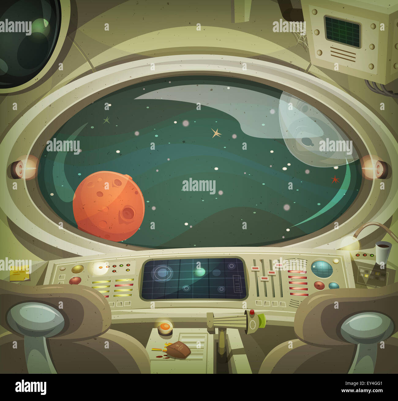 Illustration of a cartoon graphic scene of cosmic spacecraft interior traveling through scifi cosmos Stock Photo