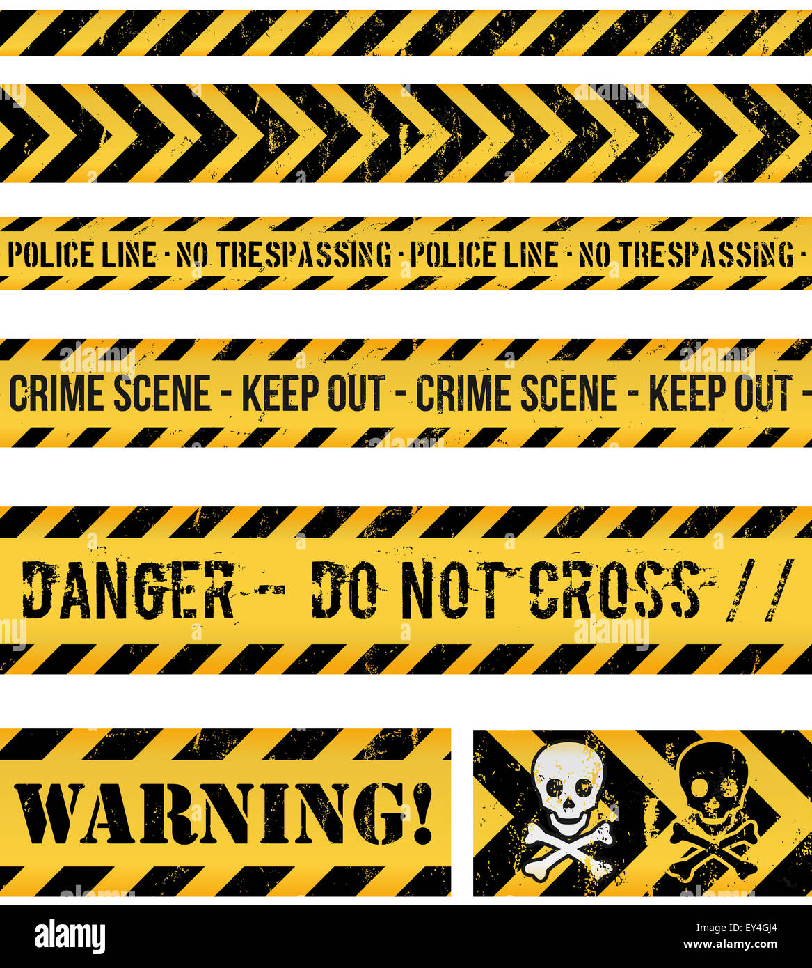 Illustration of a set of seamless grunge police lines, danger sign, crime and warning tapes Stock Photo