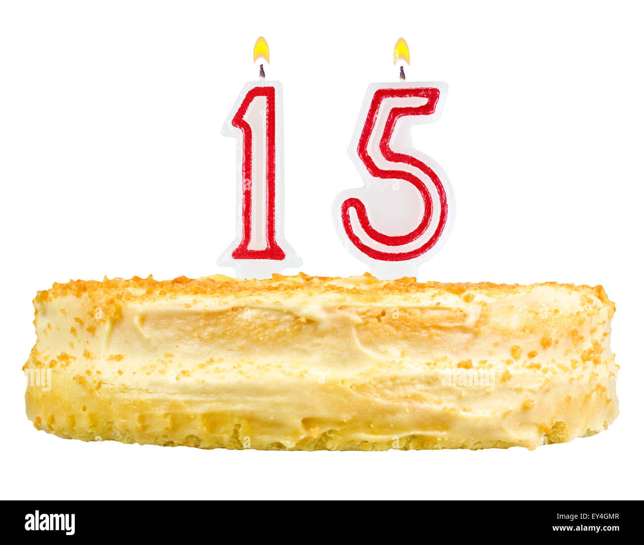 birthday cake with candles number fifteen isolated on white background Stock Photo