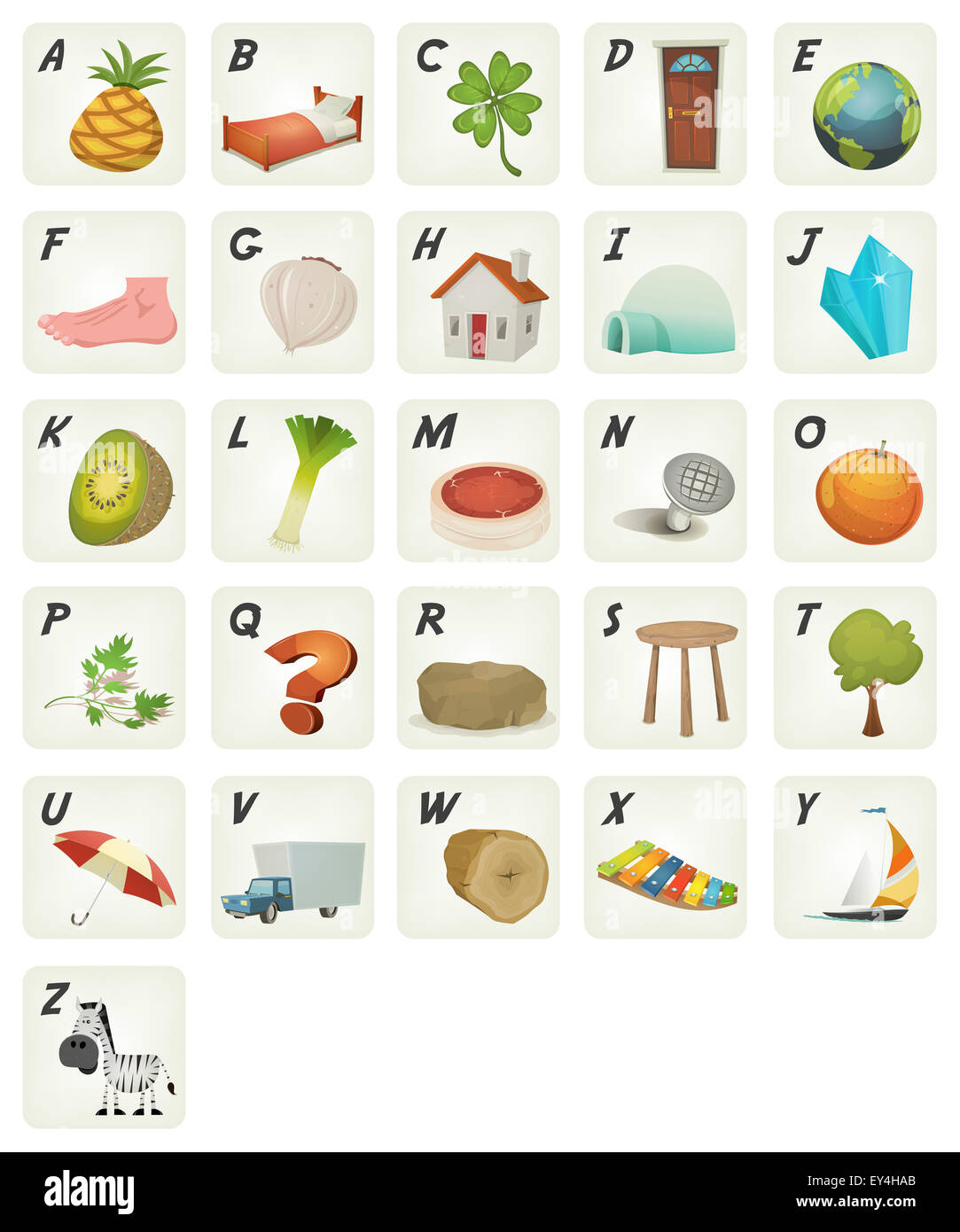 Illustration of a set of cute cartoon ABC letters and font characters from ananas to zebra for school and preschool kids Stock Photo