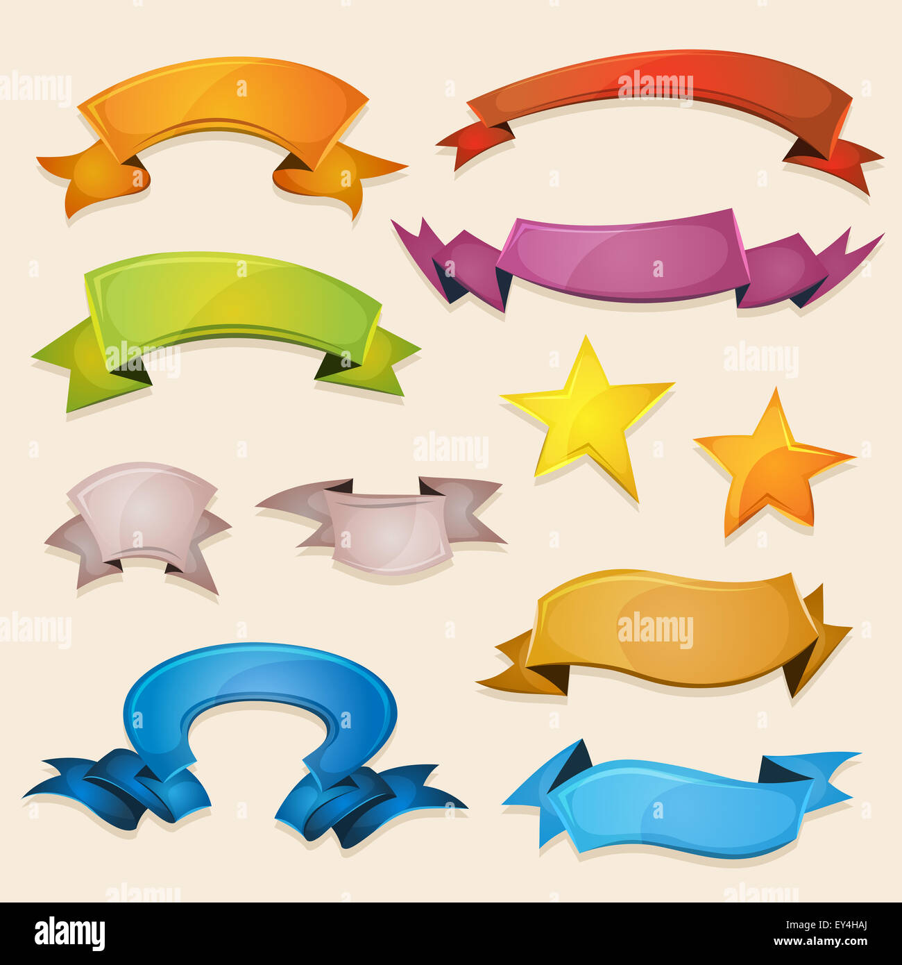 Illustration of a set of various design fresh colorful banners, ribbons, swirls, awards and scrolls to use for example as elemen Stock Photo