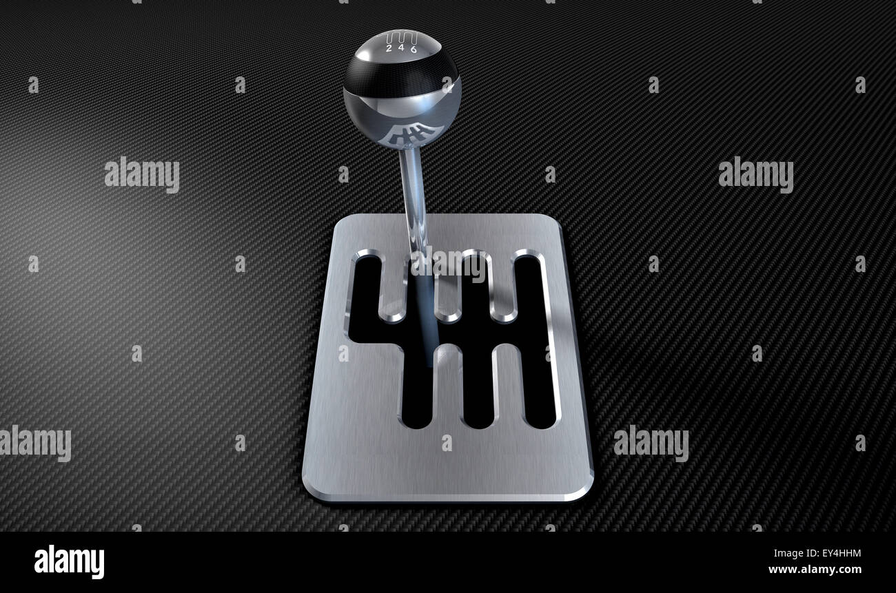 A steel chrome and carbon fibre gear stick shift with an exposed plate