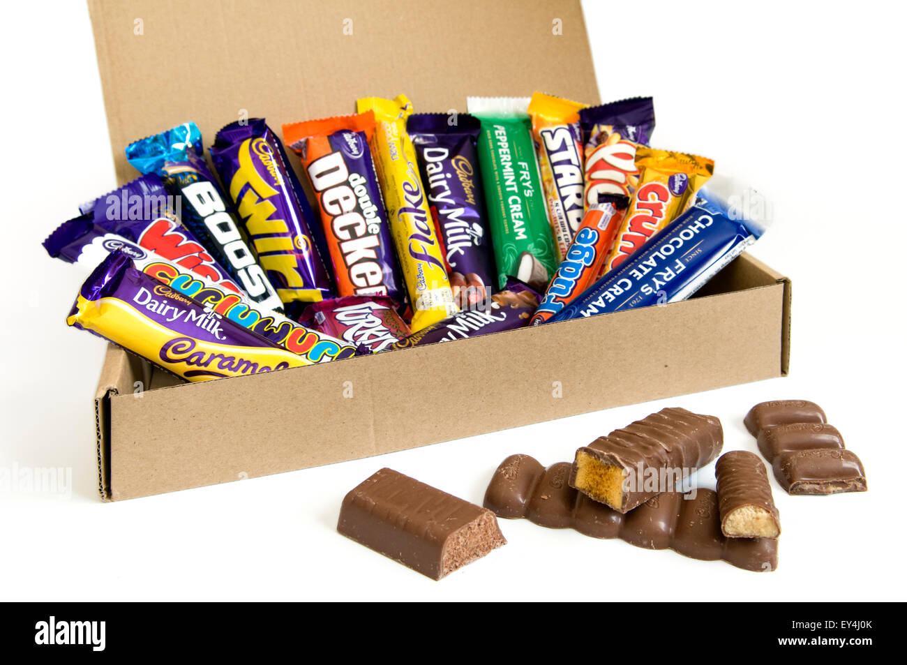 A box of Cadbury and Fry's chocolate bar selection with opened chocolate bars Stock Photo