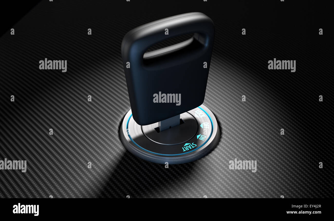 A modern chrome and blue light car ignition with a simple key inserted on a carbon fibre surface