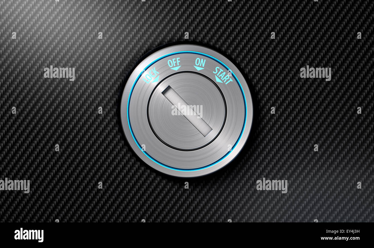 A modern chrome and blue light car ignition on a carbon fibre surface