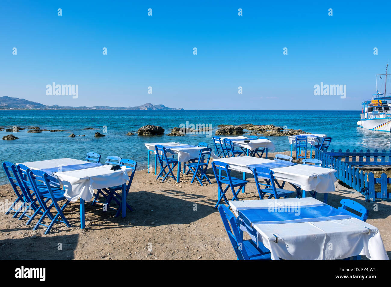 Cafe on a beach. Kolymbia. Rhodes, Greece Stock Photo