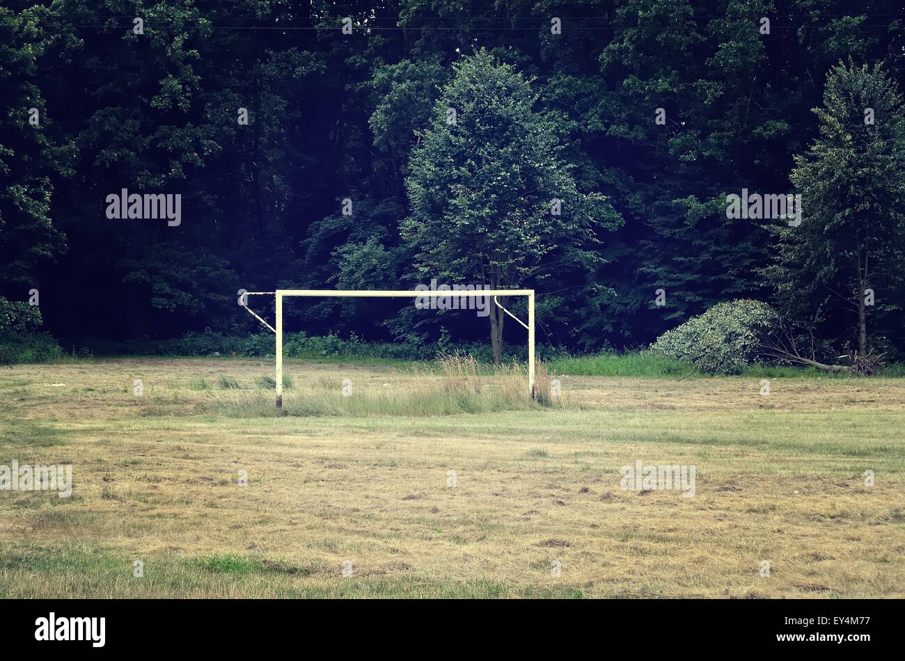 Football goal. Soccer field and goal post on a meadow near to woods