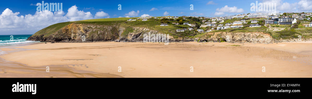 Overlooking the golden sandy beach at Mawgan Porth near Newquay Cornwall England UK Europe Stock Photo