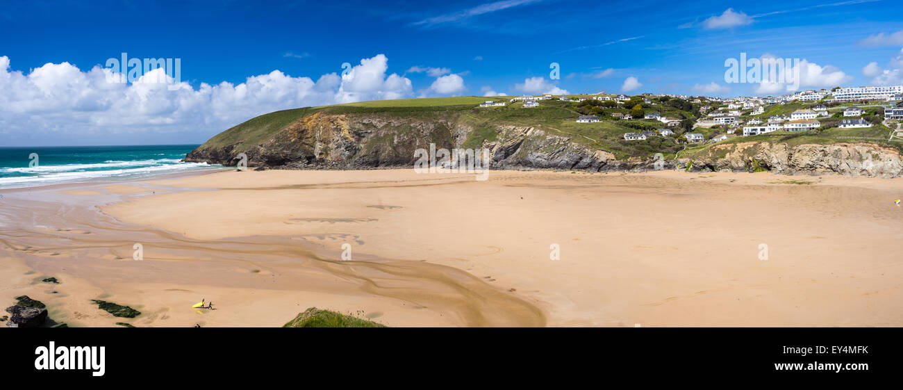 Overlooking the golden sandy beach at Mawgan Porth near Newquay Cornwall England UK Europe Stock Photo