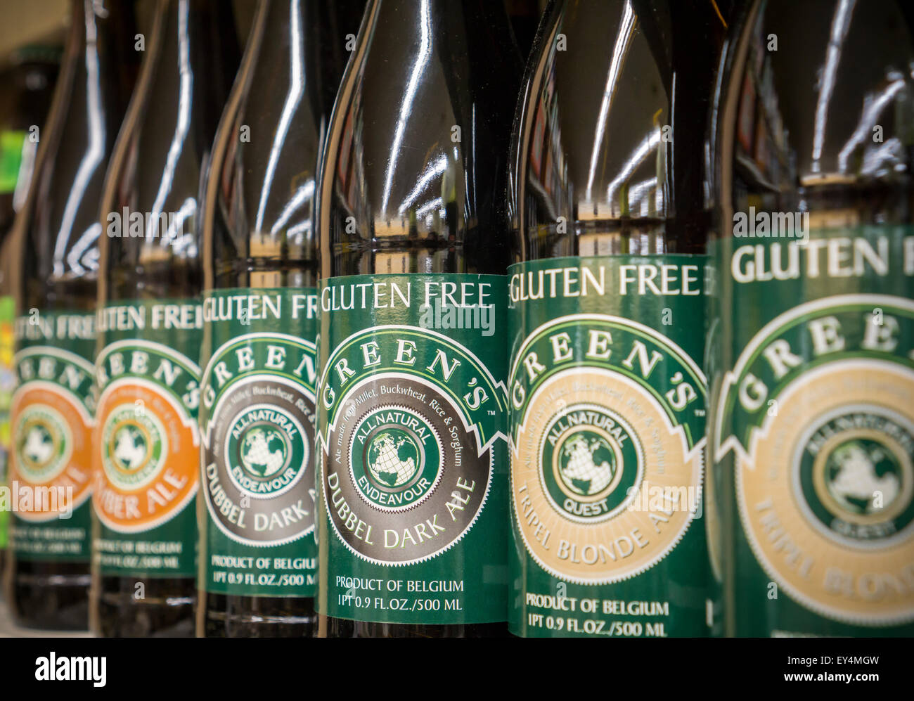 Bottles of Green's gluten free beer, a product of Belgium, are seen in a grocery store in New York on Friday, July 17, 2015. (© Richard B. Levine) Stock Photo