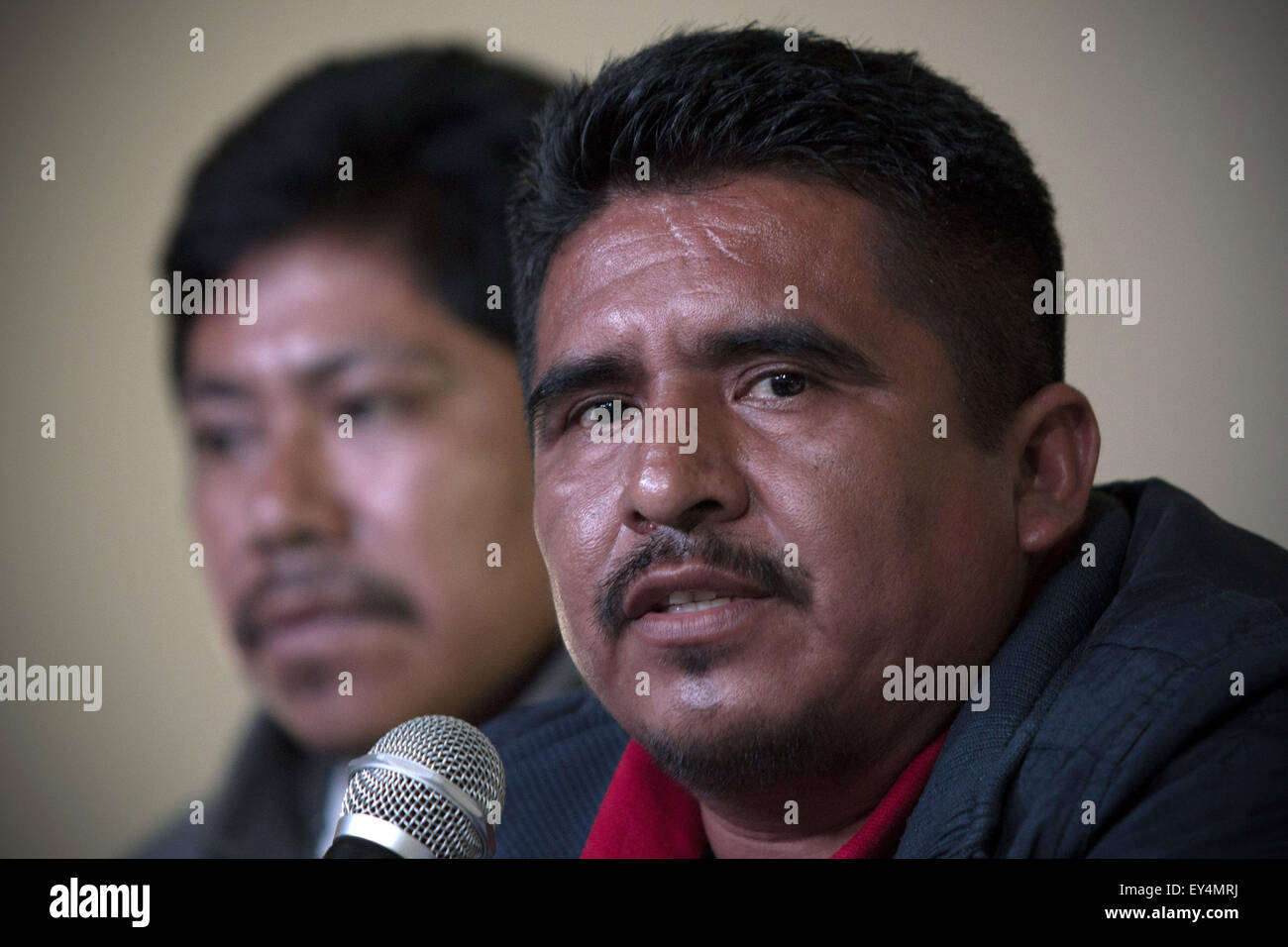 (150721) -- MEXICO CITY, July 21, 2015 (Xinhua) -- Agustin Vera (R), member of the Nahua Community of Ostula, Michoacan, participates in a press conference, in Mexico City, capital of Mexico, on July 21, 2015. According to the local press, during the conference, the members of the Nahua Community of Ostula, Michoacan, gave their testimony on the alleged clash between residents and military elements on July 19, 2015, in the framework of a demonstration after the capture of the leader of the self-defense group of the Michoacan's Costa-Sierra Nahua, Semei Verdia Zepeda. (Xinhua/Alejandro Ayala) ( Stock Photo