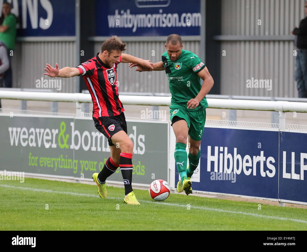 Nantwich, Cheshire, UK. 21st July, 2015. Nantwich Town entertain League Two Morecambe in a pre season friendly at The Weaver Stadium. Morecambe ran out 6-0 victors. Liam Shotton of Nantwich in action. Credit:  SJN/Alamy Live News Stock Photo