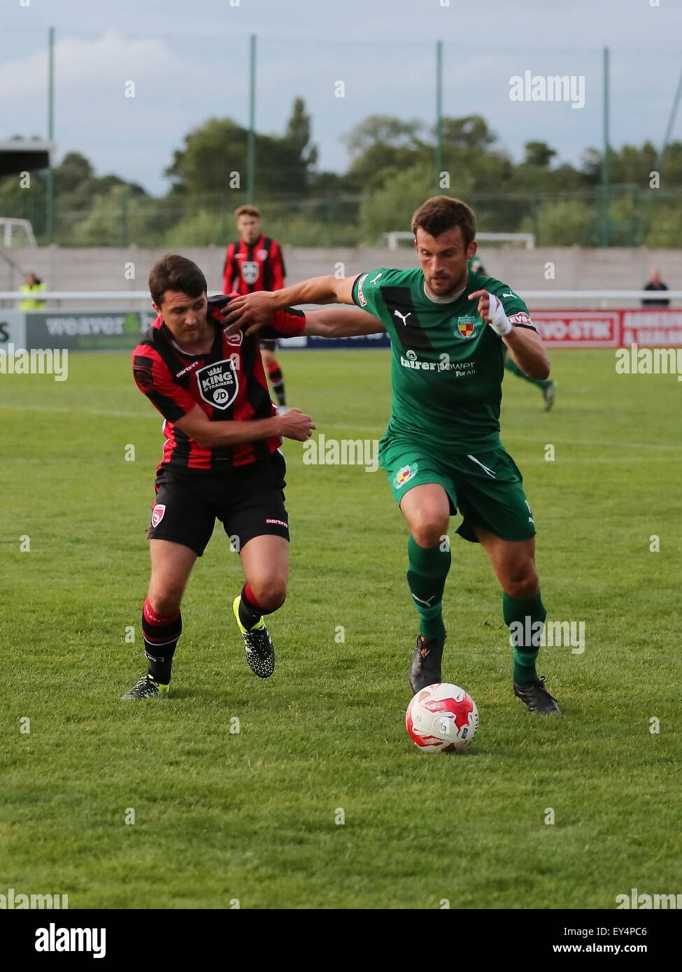 Nantwich, Cheshire, UK. 21st July, 2015. Nantwich Town entertain League Two Morecambe in a pre season friendly at The Weaver Stadium. Morecambe ran out 6-0 victors. Nantwich Town's Sam Hall on the ball. Credit:  SJN/Alamy Live News Stock Photo