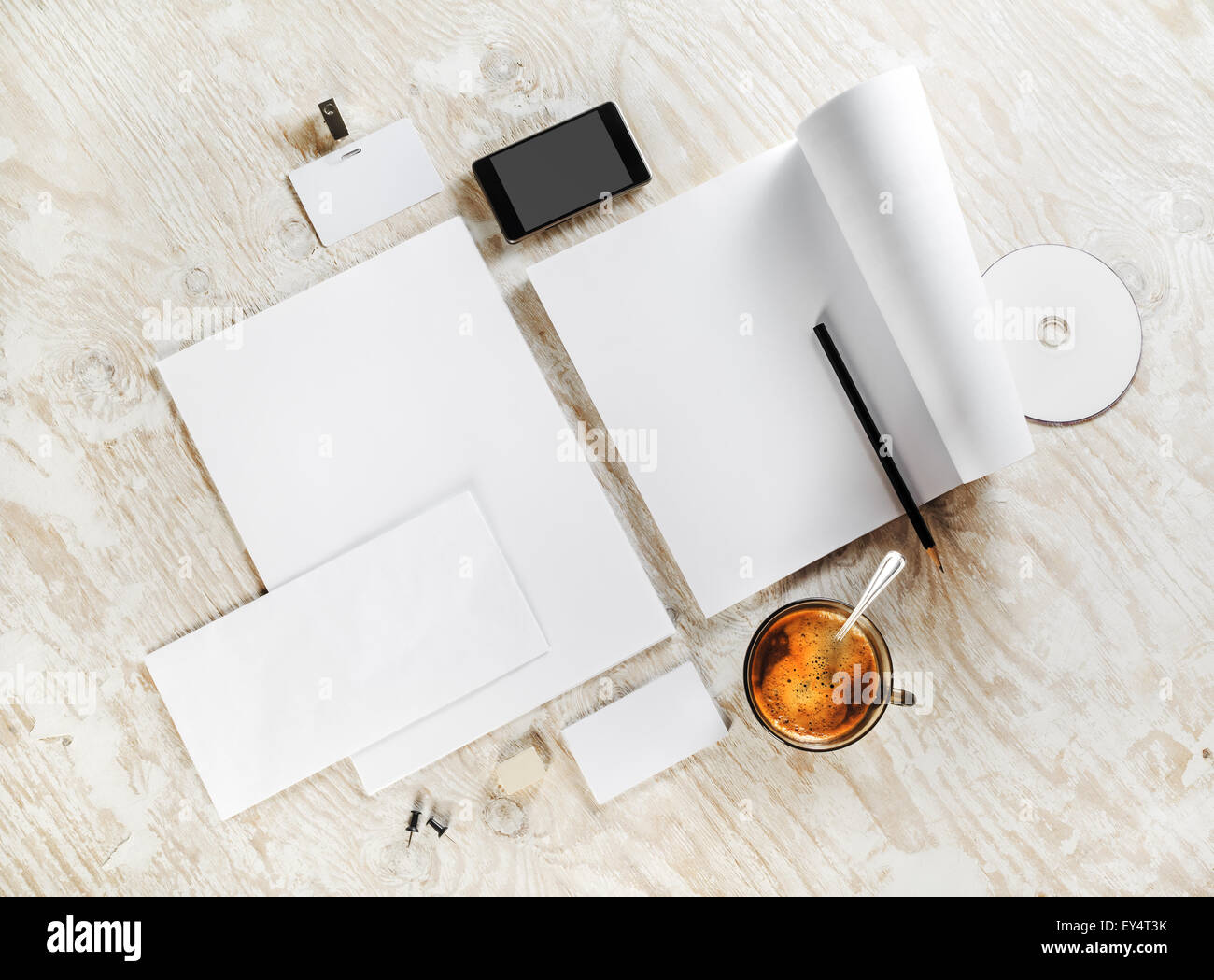 Photo of blank stationery. Corporate identity template on light wooden background. For design presentations and portfolios. Top Stock Photo