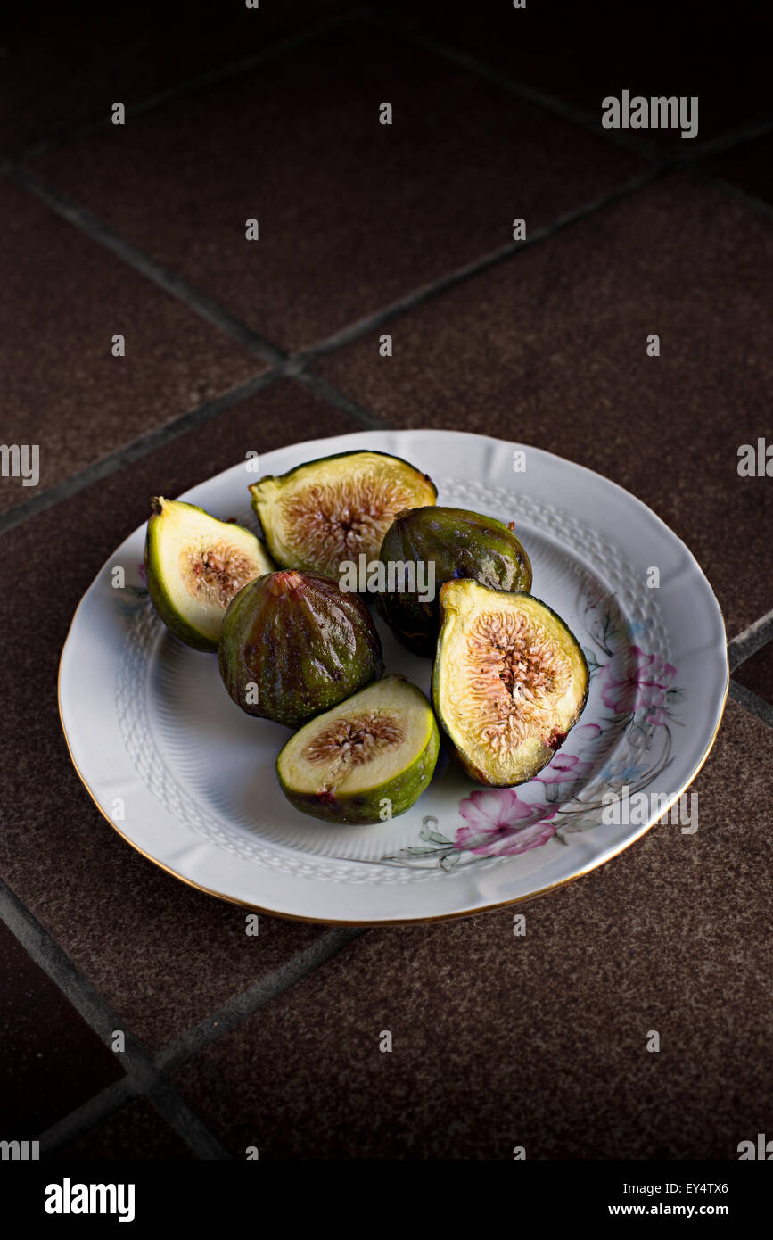 Fresh ripe figs in a vintage plate. Stock Photo