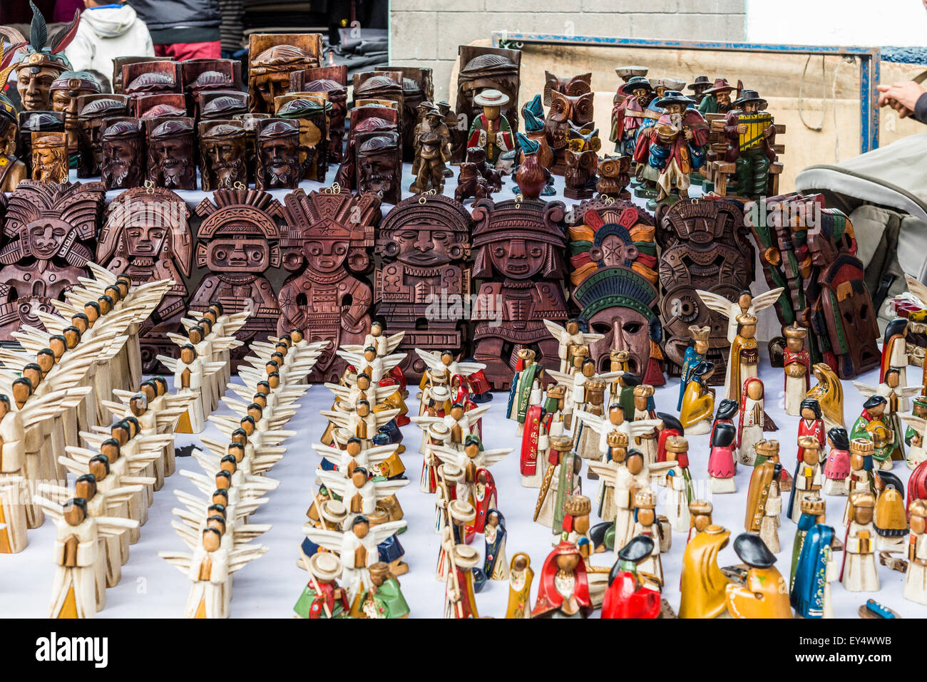 Handcrafted figurines for sale at local market. Otavalo, Ecuador Stock