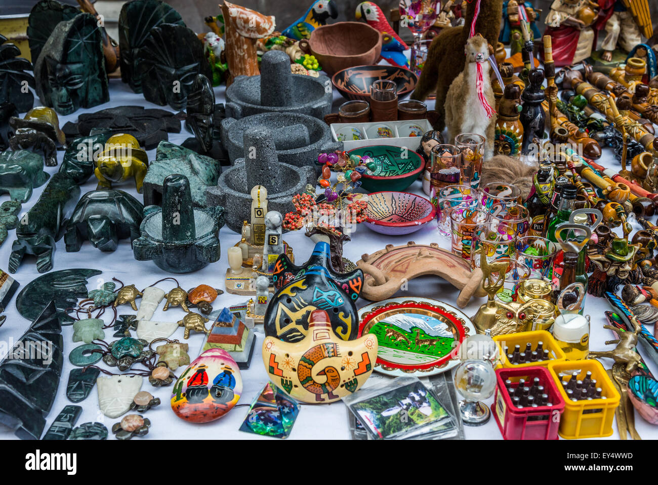Handcrafted souvenirs for sale at local market. Otavalo, Ecuador Stock