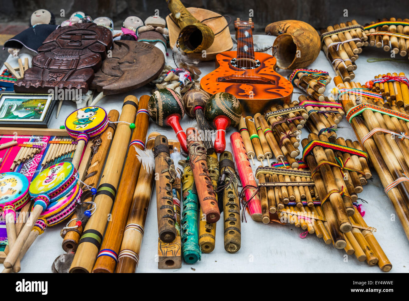 Traditional Andean music instruments for sale at a local market. Otavalo, Ecuador. Stock Photo