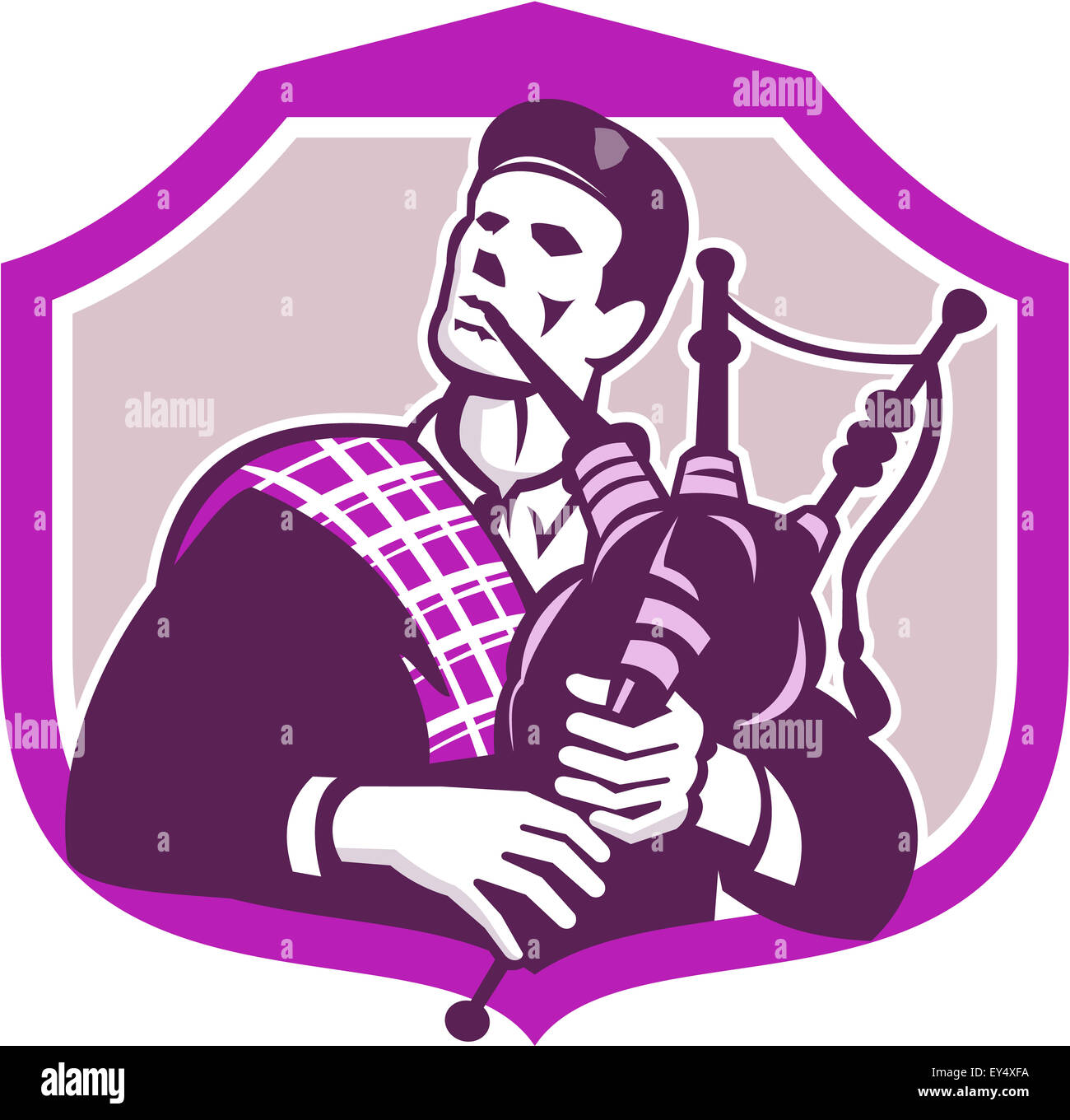 Illustration of a Scotsman Scottish man wearing scottish bonnet highland dress playing bagpipes looking up set inside shield crest on isolated background done in retro style. Stock Photo