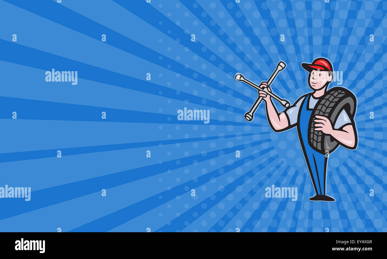 Business card showing illustration of a mechanic with tire socket ...