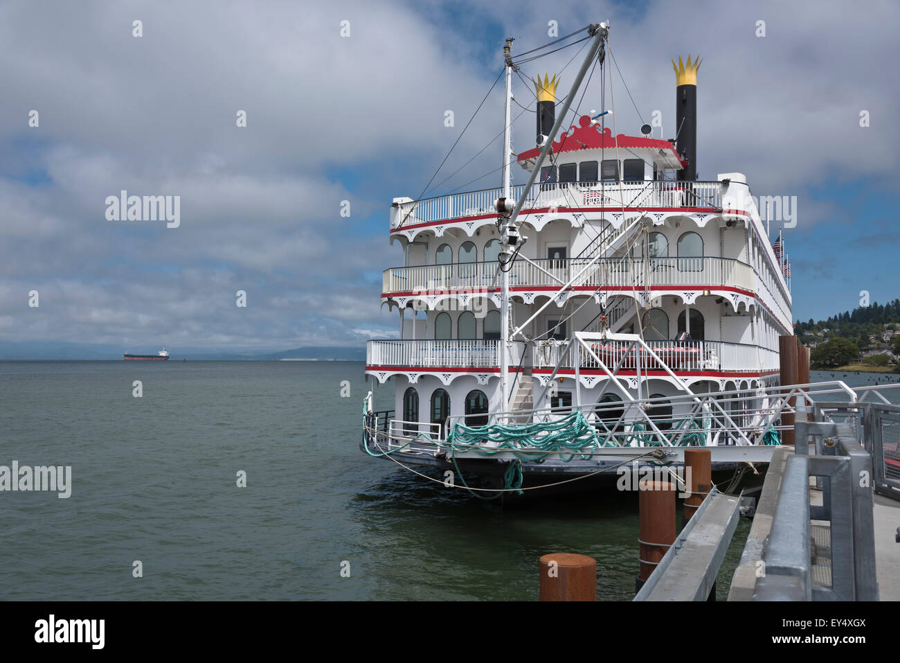 Stern wheeler cruise ship docked in Astoria Oregon. Stock Photo
