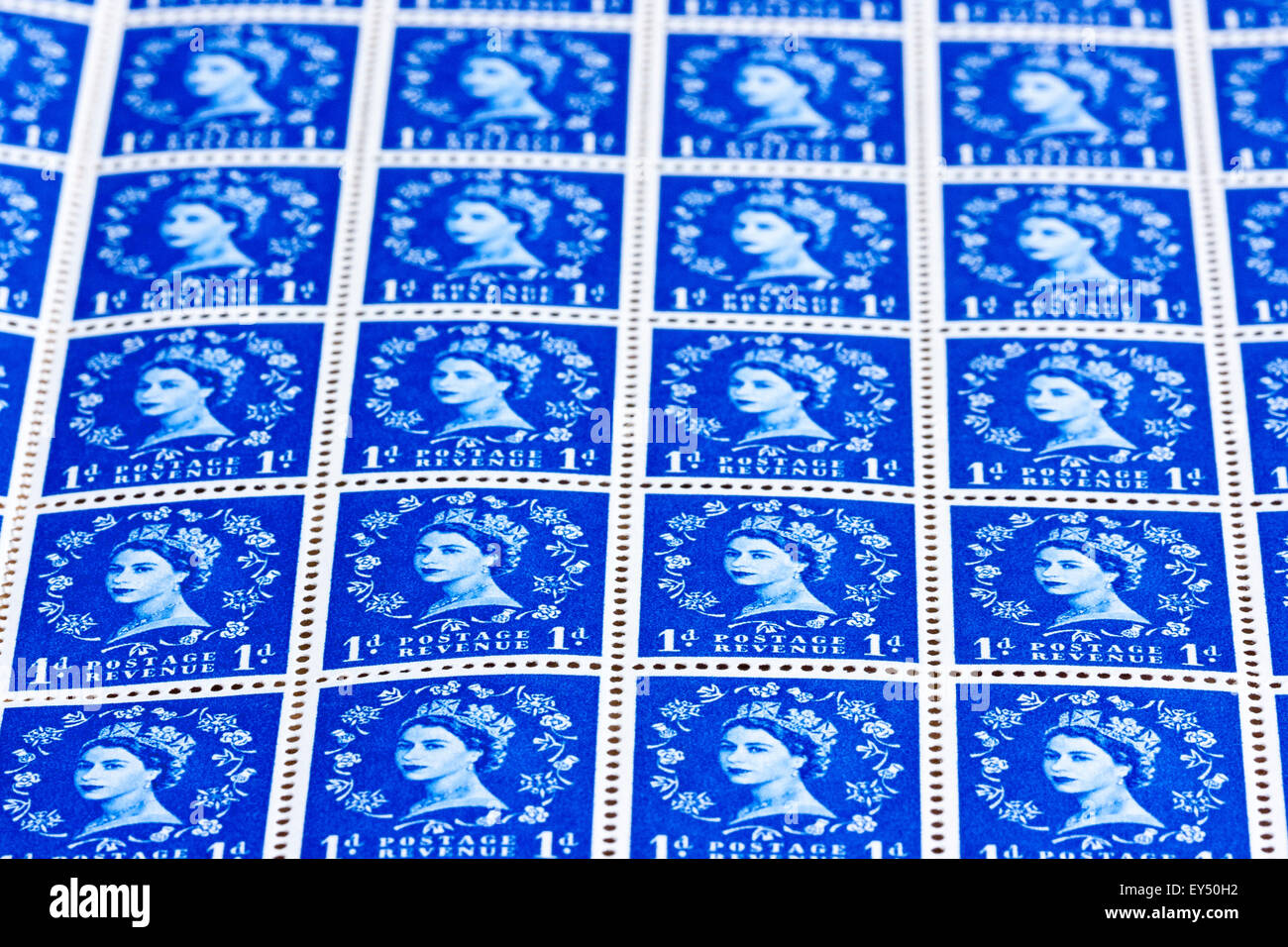 Sheet of British postage stamps. Circa 1950s, Queen Elizabeth 1d blue